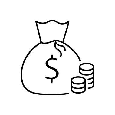 Money bag flat illustration. Dollars and gold coins stack. Wealth and banking icon. Isolated on white background