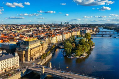 Prague scenic aerial view of the Prague Old Town pier architecture and Charles Bridge over Vltava river in Prague, Czechia. Old Town of Prague, Czech Republic.