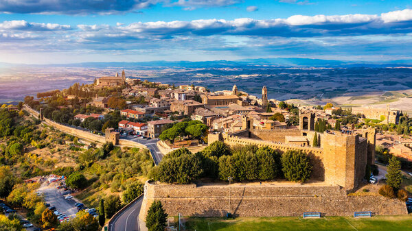 View of Montalcino town, Tuscany, Italy. The town takes its name from a variety of oak tree that once covered the terrain. View of the medieval Italian town of Montalcino. Tuscany