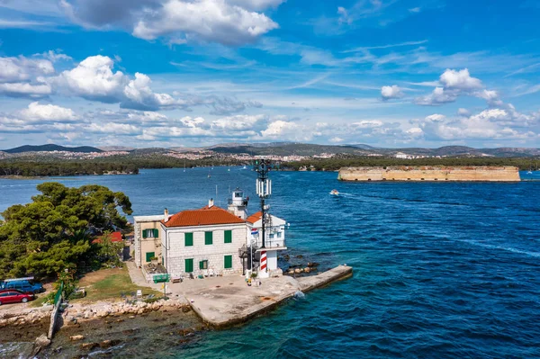 Faro Jadrija Bahía Sibenik Vista Aérea Entrada Archipiélago Dalmacia Croacia — Foto de Stock