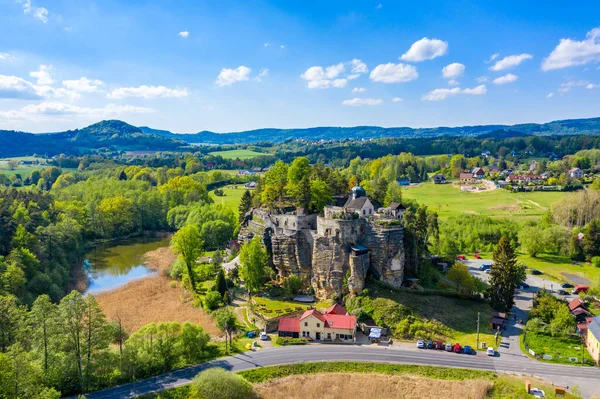 Luftaufnahme Der Burg Sloup Nordböhmen Tschechien Die Felsenburg Sloup Der — Stockfoto