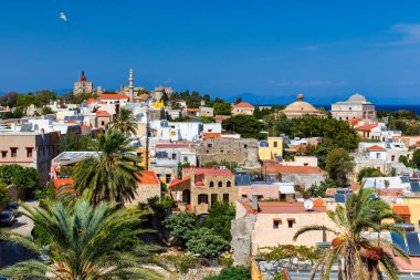 Panoramic view of Rhodes old town on Rhodes island, Greece. Rhodes old fortress cityscape. Travel destinations in Rhodes, Greece.