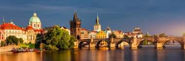 Charles Bridge sunset view of the Old Town pier architecture, Charles Bridge over Vltava river in Prague, Czechia. Old Town of Prague with Charles Bridge, Prague, Czech Republic.