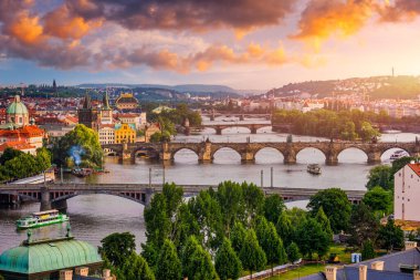 Charles Bridge sunset view of the Old Town pier architecture, Charles Bridge over Vltava river in Prague, Czechia. Old Town of Prague with Charles Bridge, Prague, Czech Republic.