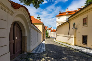 Old Street in Prague in the sunny day, downtown, Prague, Czech Republic, European travel. Beautiful undiscovered street in the old town of Prague, Czechia.