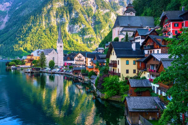 View Famous Hallstatt Mountain Village Austrian Alps Beautiful Light Summer — Stock Photo, Image