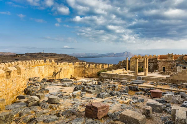 stock image Ruins of Acropolis of Lindos view, Rhodes, Dodecanese Islands, Greek Islands, Greece. Acropolis of Lindos, ancient architecture of Rhodes, Greece. 