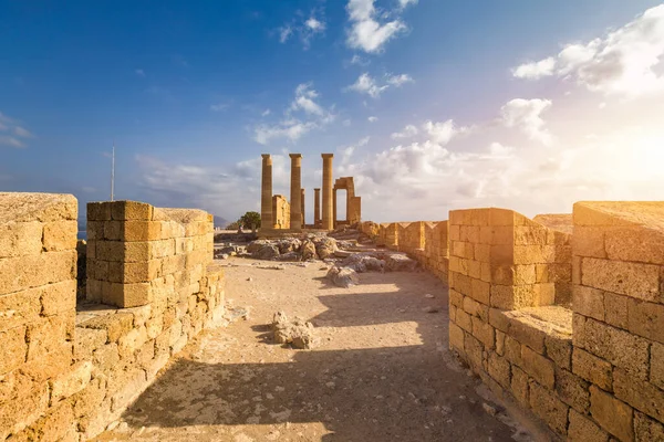 stock image Ruins of Acropolis of Lindos view, Rhodes, Dodecanese Islands, Greek Islands, Greece. Acropolis of Lindos, ancient architecture of Rhodes, Greece. 