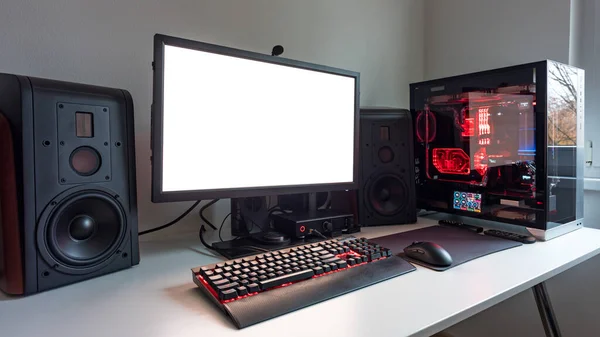 Powerful Personal Computer Gamer Rig White Screen Professsional Gaming Empty — Foto de Stock