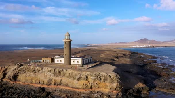 Punta Jandia Deniz Feneri Yukarıdan Hava Mavisi Deniz Fuerteventura Kanarya — Stok video