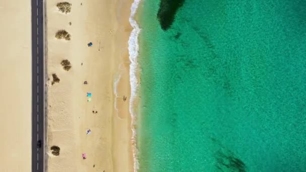 コーラレージョ公園 フエルテベントゥラ島 カナリア諸島のビーチの空中ビュー スペインのカナリア諸島フエルテベントゥラ島にあるCorralejo Beach Grandes Playas Corralejo 美しいターコイズブルーの水と白い砂 — ストック動画