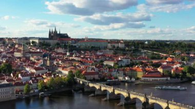Prague scenic aerial view of the Prague Old Town pier architecture and Charles Bridge over Vltava river in Prague, Czechia. Old Town of Prague, Czech Republic.