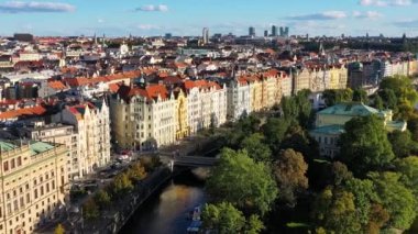 Prague scenic aerial view of the Prague Old Town pier architecture and old buildings over Vltava river in Prague, Czechia. Old Town of Prague, Czech Republic.