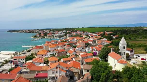 Petrcane Village Tourist Destination Coastline Aerial Panoramic View Dalmatia Region — стоковое видео