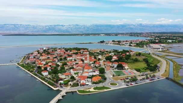 Historic Town Nin Laguna Aerial View Velebit Mountain Background Dalmatia — Stock Video