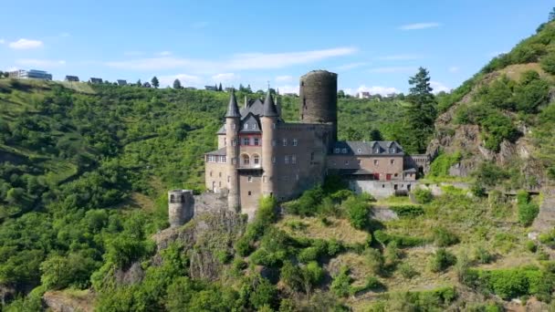 Замок Кац Романтичний Рейн Влітку Заході Сонця Німеччина Замок Кац — стокове відео