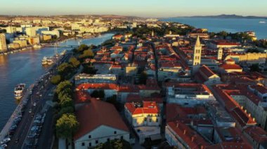Aerial view of the Old Town of Zadar, Croatia. Aerial shot of Zadar old town, famous tourist attraction in Croatia. City of Zadar historic peninsula roman architecture aerial view, Croatia