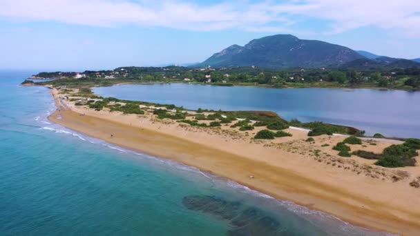 Aerial Drone View Halikounas Beach Lake Korission Corfu Island Ionian — Αρχείο Βίντεο