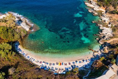 Aerial drone view north east coast with Kanoni, Mpataria and Pipitos beach, Island of Corfu, Greece. Mpataria, Kanoni and Pipitos beach at Corfu Greece during the day. 