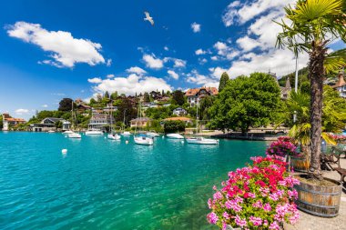 İsviçre 'nin İsviçre Alpleri' ndeki Thunersee Gölü 'ndeki Oberhofen kasabası. İsviçre 'nin Bern Kantonu' ndaki Thun Gölü 'nde (Thunersee) Oberhofen şehri. İsviçre Thun Gölü 'nde Oberhofen. 