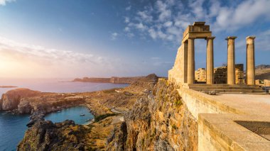 Ruins of Acropolis of Lindos view, Rhodes, Dodecanese Islands, Greek Islands, Greece. Acropolis of Lindos, ancient architecture of Rhodes, Greece. 