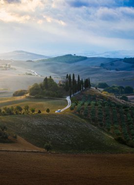 Tanınmış Toskana manzarası tahıl tarlaları, selvi ağaçları ve gün batımında tepelerde evler. Tuscany, İtalya ve Avrupa 'da kıvrımlı yolu olan yaz kırsal arazisi