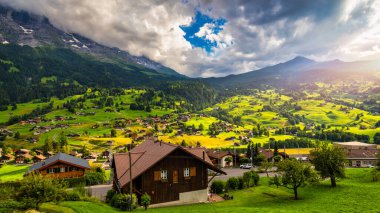 Grindelwald köy manzarası ve yaz İsviçre Alp Dağları manzarası, yeşil tarlalarda ahşap kireçler ve arka planda yüksek zirveler, İsviçre, Bernese Oberland, Avrupa.