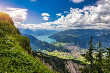 Bernese Oberland, Bern Kantonu, İsviçre 'deki Schynige Platte yolundan güzel Thun Gölü manzarası. İsviçre Alplerinde Schynige Platte adı verilen popüler dağ, hava manzaralı..