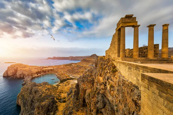 stock image Ruins of Acropolis of Lindos view, Rhodes, Dodecanese Islands, Greek Islands, Greece. Acropolis of Lindos, ancient architecture of Rhodes, Greece. 