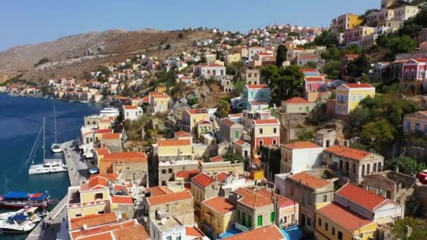 Aerial View Beautiful Greek Island Symi Simi Colourful Houses Small — Stock Video