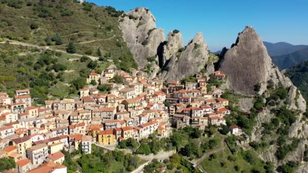 Malebná Vesnice Castelmezzano Provincie Potenza Basilicata Itálie Letecký Pohled Středověké — Stock video