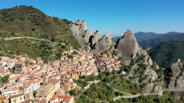 Das Malerische Dorf Castelmezzano Provinz Potenza Basilikata Italien Stadtbild Luftaufnahme — Stockvideo