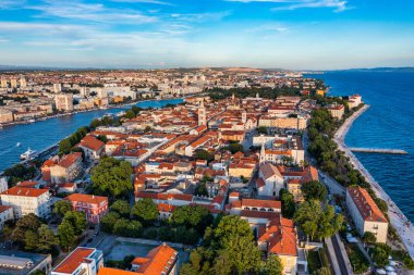 Aerial view of the Old Town of Zadar, Croatia. Aerial shot of Zadar old town, famous tourist attraction in Croatia. City of Zadar historic peninsula roman architecture aerial view, Croatia