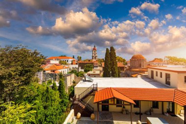 Panoramic view of Rhodes old town on Rhodes island, Greece. Rhodes old fortress cityscape. Travel destinations in Rhodes, Greece.