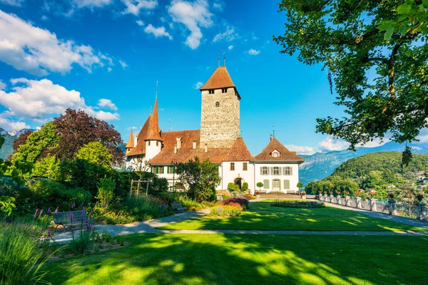 Günbatımında İsviçre 'nin Bern kantonundaki Thun Gölü kıyısındaki Spiez Kilisesi ve Kalesi manzarası, Spiez, İsviçre. İsviçre, Bern kantonunda Thun Gölü 'ndeki Spiez Şatosu.