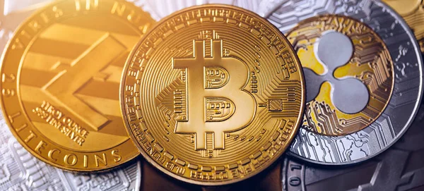 Bitcoin Litecoin Monedas Onduladas Dinero Financiación Divisas Fondo Gráfico Gráfico —  Fotos de Stock