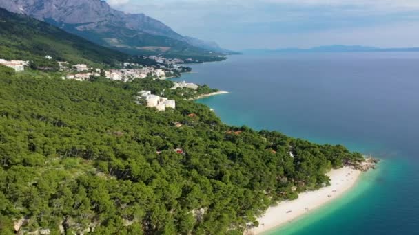 クロアチアのマカルスリヴィエラ ブレラのプンタラタビーチの美しい空中ビュー クロアチアのマカルスリベラ ブレラ ダルマチア地域のプンタラタビーチとウォーターフロントの空中ビュー — ストック動画