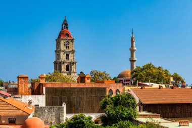 Panoramic view of Rhodes old town on Rhodes island, Greece. Rhodes old fortress cityscape. Travel destinations in Rhodes, Greece.