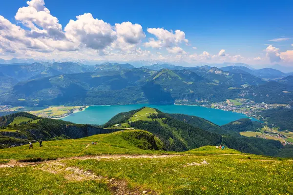 View of Wolfgangsee lake from Schafberg mountain, Austria. Wolfgangsee Lake from alp mountain Schafberg. Sankt St. Wolfgang im in Salzkammergut, Ried, Salzburgerland, Austria.