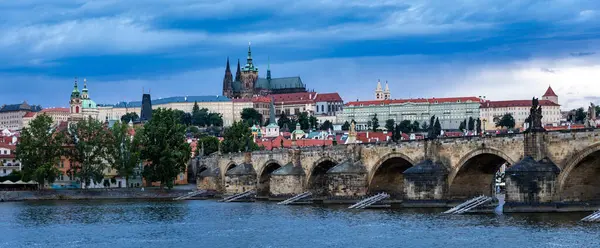 Prague Castle Charles Bridge Boats Vltava River View Hradcany Prague — Zdjęcie stockowe