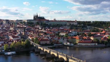 Prague scenic aerial view of the Prague Old Town pier architecture and Charles Bridge over Vltava river in Prague, Czechia. Old Town of Prague, Czech Republic.