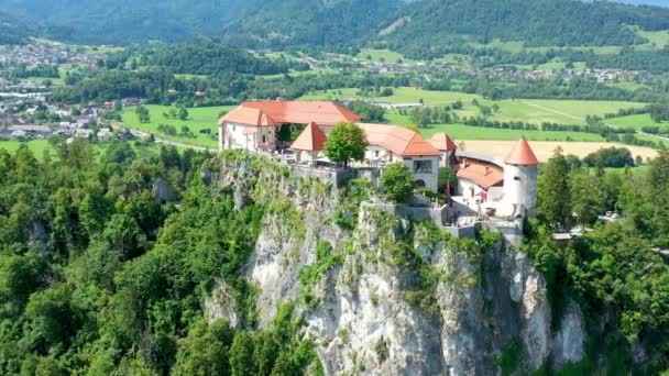 ブレッド スロベニア 美しいブレッド城 ブレッドスキー グラード の空想的な眺め 明るい夏の日にマリアの仮定教会 Bled スロベニア — ストック動画