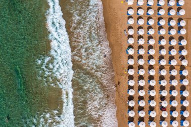 Aerial drone view over western coast and Glyfada beach, Island of Corfu, Greece. Glyfada Beach at Corfu Greece during the day. 