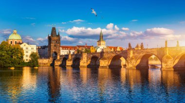 Prag'ın eski şehri. Çek Cumhuriyeti nehir Vltava üzerinde Charles Köprüsü silueti üzerinde. Kırmızı çatılı Prag panorama manzara manzarası. Petrin Tepesi'nden Prag manzarası, Prag, Çekya.