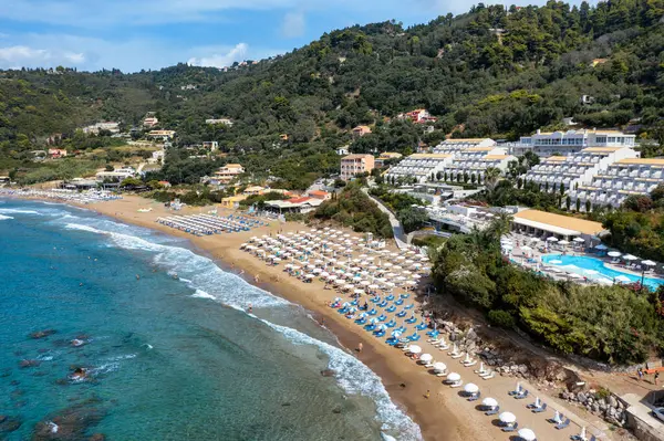 stock image Aerial drone view over western coast and Glyfada beach, Island of Corfu, Greece. Glyfada Beach at Corfu Greece during the day. 