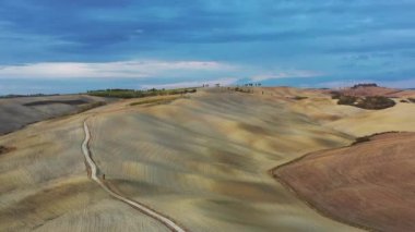 Yeşil tepeler, zeytin bahçeleri ve sabah güneşinin altında küçük üzüm bağları İtalya, Toskana, San Quirico D 'Orcia. Virajlı yolu ve selvası olan ünlü Toskana manzarası, İtalya, Avrupa