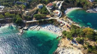 Aerial drone view north east coast with Kanoni, Mpataria and Pipitos beach, Island of Corfu, Greece. Mpataria, Kanoni and Pipitos beach at Corfu Greece during the day. 