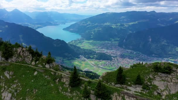 美丽的Brienz湖从瑞士伯尔尼州Bernese Oberland的Schynige Platte小径观看 瑞士阿尔卑斯山中最受欢迎的山脉叫做瑞士的Schynige Platte 空中俯瞰 — 图库视频影像