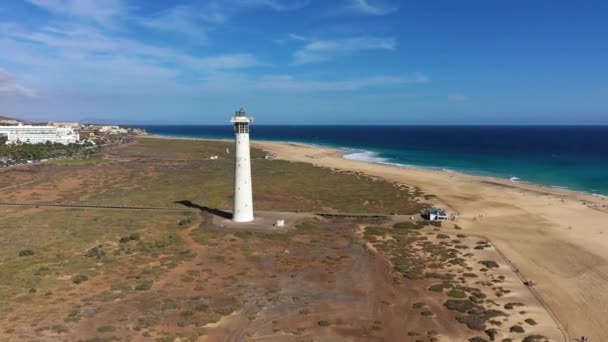 Farol Praia Morro Jable Península Jandia Sob Luz Sol Fuerteventura — Vídeo de Stock