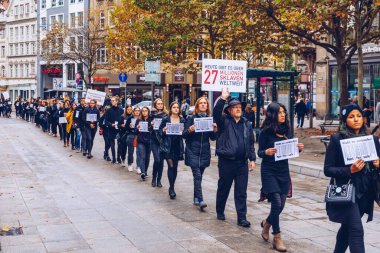 Stuttgart, Germany - October 19, 2019: Demonstration against human trafficking. Not for sale. Human is not a product.  clipart